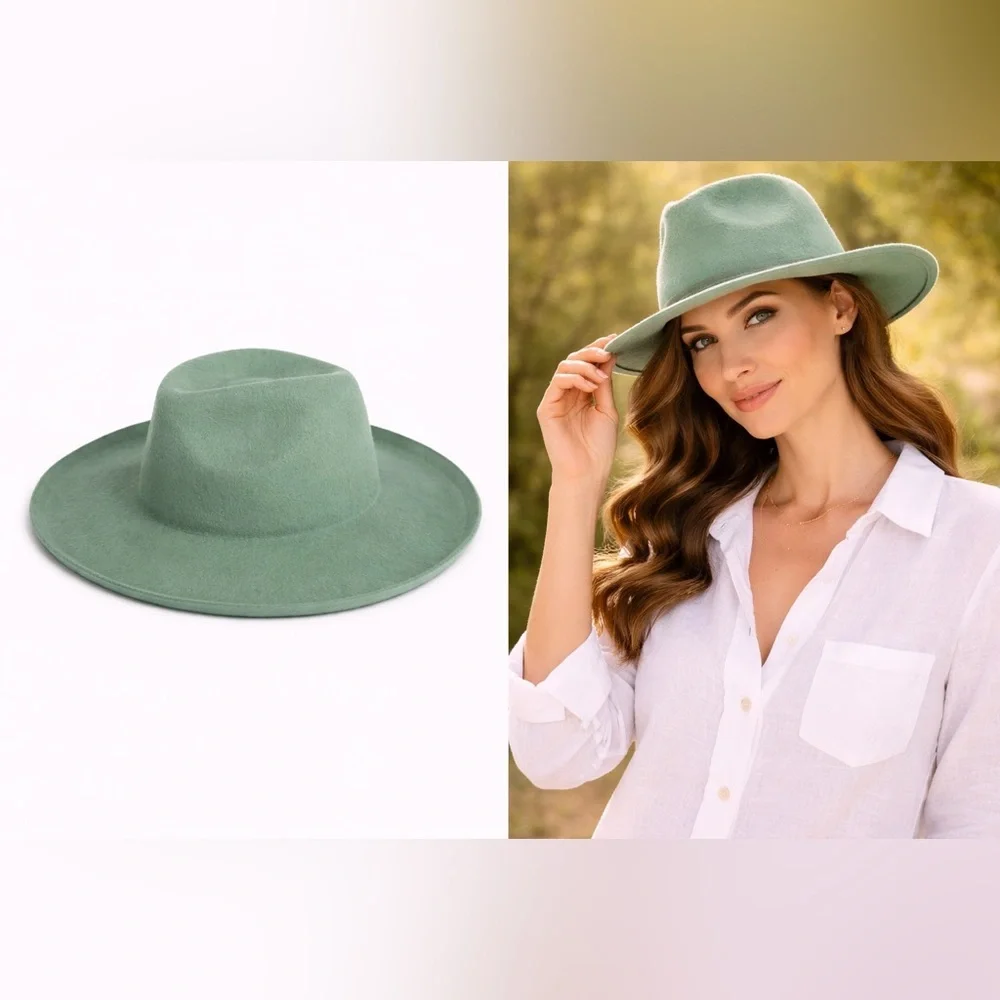 NWT 100% Wool Sage/Seafoam Green Adjustable Wide Downturned Brim Hat Fedora